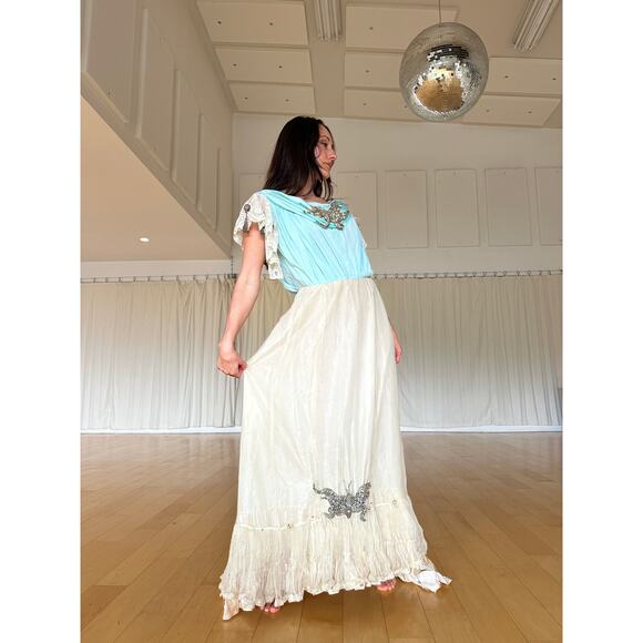 Vintage Dresses & Skirts - Women's Large Gown Aqua Ecru Silk Ball Gown Star Fish Rhinestone Ornaments 1905